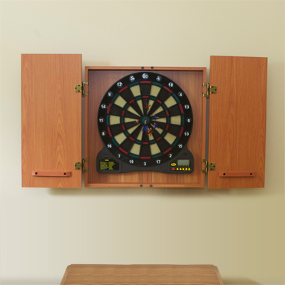 TRIUMPH SPORTS USA™ Cricket Ace 600 Electronic Dartboard - Enjoy hours of entertainment with this electronic dartboard.  Up to 8 players with 18 games and 114 variations.  Includes durable cabinet with dart holders, 13" board face, sound effects, LCD display scoreboard and 6 darts with 24 tips. Battery operated, but batteries not included.